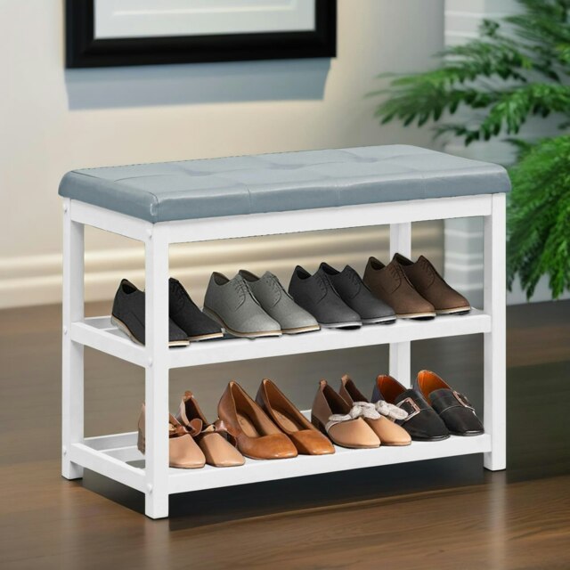 Wooden 2 Tier Shoe Rack Bench Grey Grey