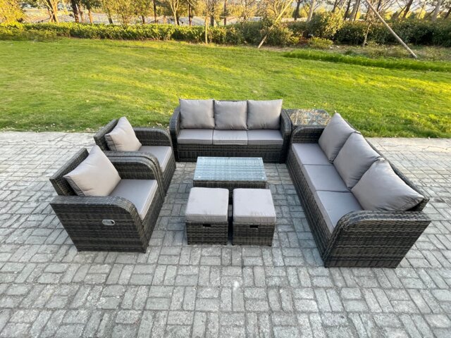 Fimous Rattan Outdoor Garden Furniture Sofa Set Patio Table & Chairs Set with 3 Seater Sofa Reclining Chair Side Table 2 Small Footstools Dark Grey Mixed
