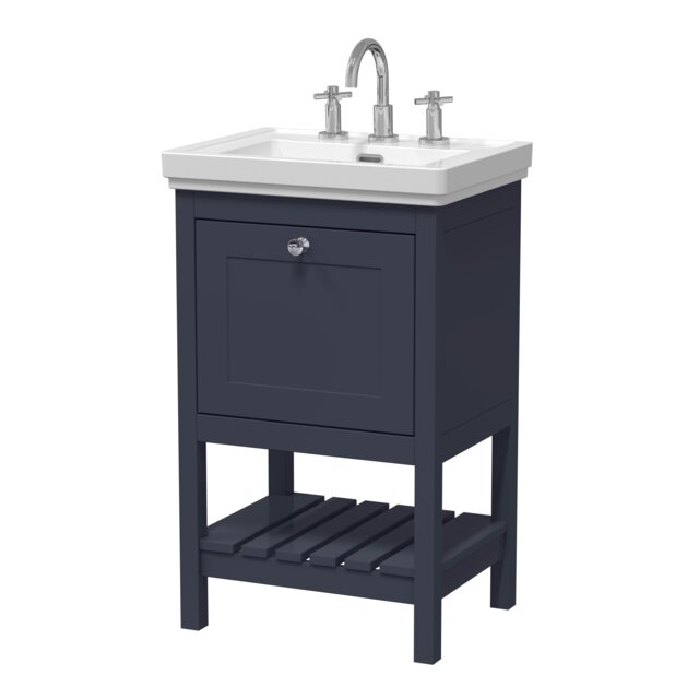 Traditional Furniture Floor Standing 1 Drawer Vanity & 3 Tap Hole Fireclay Basin, 500mm, Indigo Blue Blue