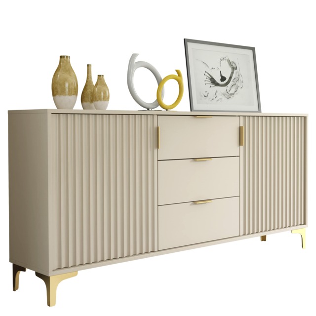 140cm Modern Cashmere Sideboard with Gold Legs & Fluted Doors Elegant Storage Cabinet for Living Room or Dining Room