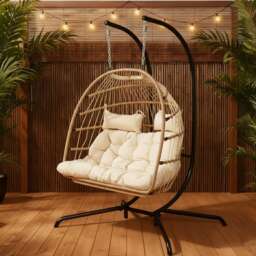 OHS Double Hanging Egg Chair Outdoor Garden Patio Deck Floating Seat Plump Cushion Cream Natural