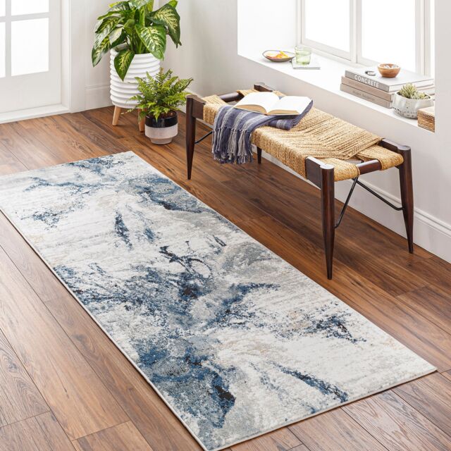 LIVABLISS Jolie-Abstract Modern Marble Rug 80 x 220 cm Blue Grey Beige Black