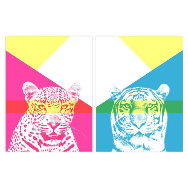 Set of 2 Neon Tiger Leopard Vivid Jungle Animal Portrait Bold Geometric Design Wall Art Prints 12x16 Inch