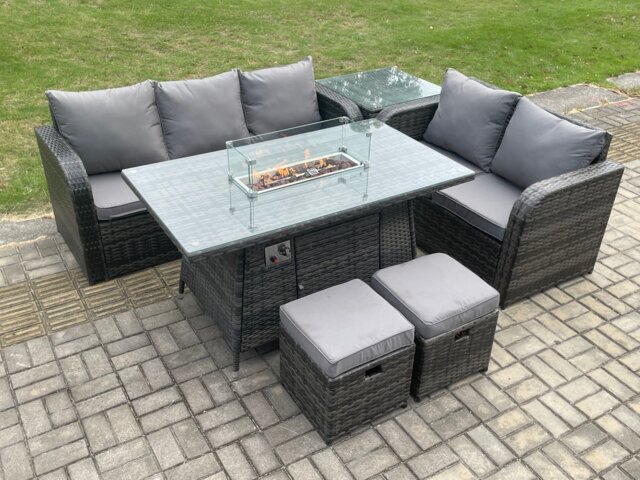 Fimous PE Wicker Outdoor Rattan Garden Furniture Set Propane Gas Fire Pit Table and Sofa set with Side Table 2 Small Footstools