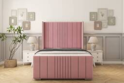 "Sloomy Hargrave Pink Plush Bed Frame With Mattress With 50"" Upholstered Wingback Headboard 4'6 Double"