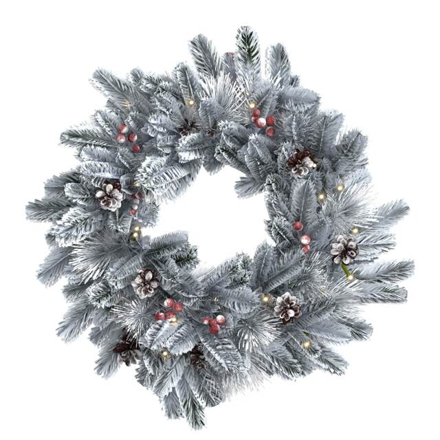 Charles Bentley Indoor Outdoor 60cm Pre-Lit Red Berry & Pinecone Snowy Wreath