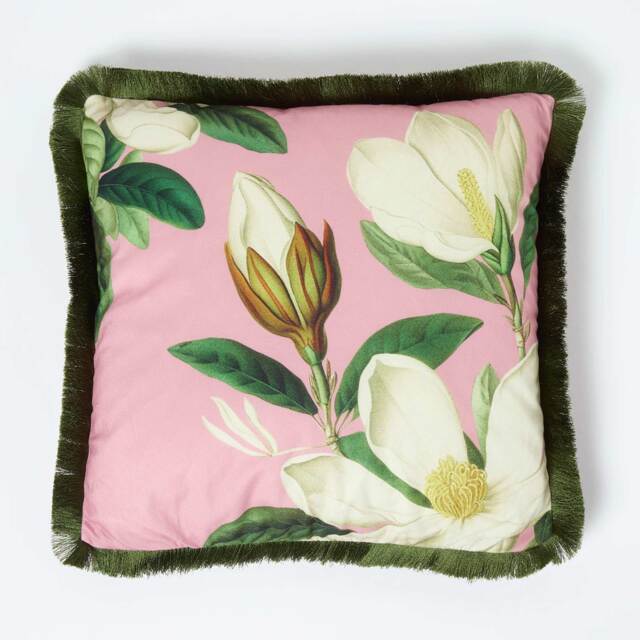 Homescapes Cotton Pink Floral Fringe Cushion, 45 x 45 cm