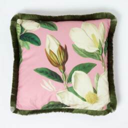Homescapes Cotton Pink Floral Fringe Cushion, 45 x 45 cm