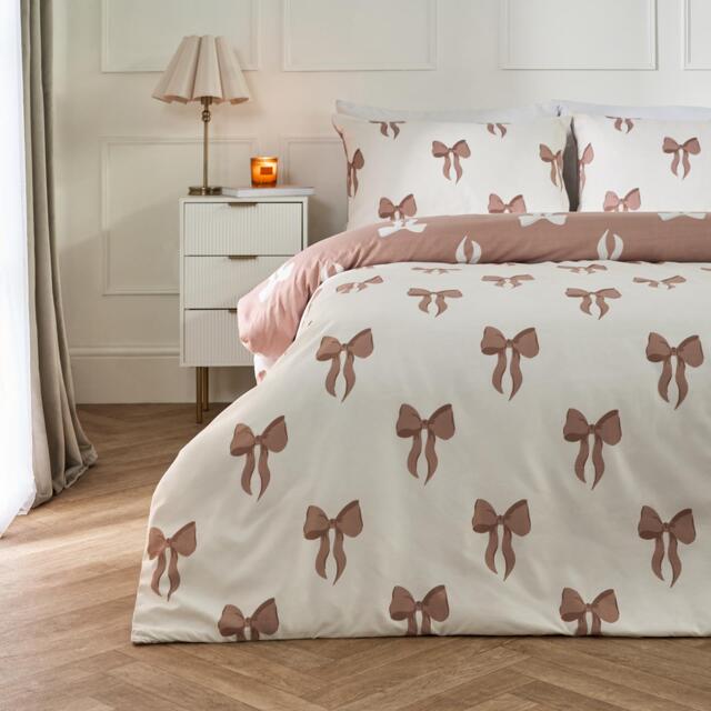 OHS Bow Reversible Soft Cosy Plump Duvet Cover and Pillowcase Bedding Set Multi Ivory/Mink Double