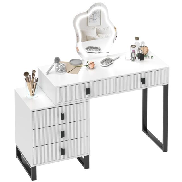 HOMCOM Dressing Table, Vanity Desk with Leaf Shape Mirror, Makeup Table with 5 Drawers, 3-Colour LED Lights, 100x40cm Tabletop, White White White