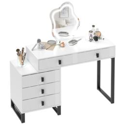 HOMCOM Dressing Table, Vanity Desk with Leaf Shape Mirror, Makeup Table with 5 Drawers, 3-Colour LED Lights, 100x40cm Tabletop, White