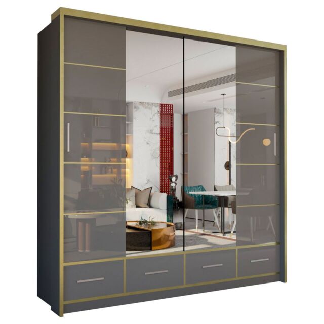 Sliding Wardrobes 4U Sydney High Gloss Sliding Wardrobe with Mirror, LED & Drawers - 203cm or 253cm Grey Grey150cm 203cm