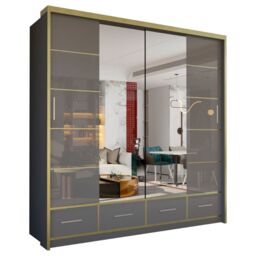 High Gloss Mirrored Sliding Door Wardrobe with Drawer - Grey 203cm