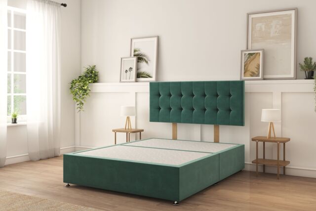 "Sloomy Alabama Emerald Plush Divan Bed Base No Drawers With 26"" Strutted Headboard 6' Super King"