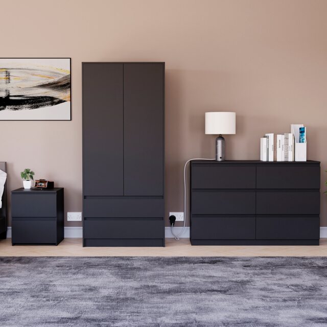 Vida Designs Denver 3 Piece Bedroom Set (2 Drawer Large Bedside Chest, 6 Drawer Chest, 2 Door 2 Drawer Wardrobe), Black Black Black L 3