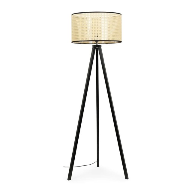 ValueLights Barbro Black Tripod Floor Lamp Wicker Trim Shade and Bulb
