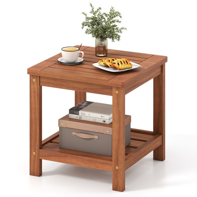 COSTWAY Outdoor Side Table 2-Tier Versatile End Table w/Slatted Surface