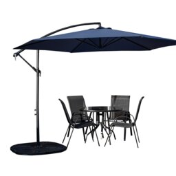 Outdoor 4 Person Round Glass Top Garden Dining Table Chairs With Blue Banana Parasol and Base