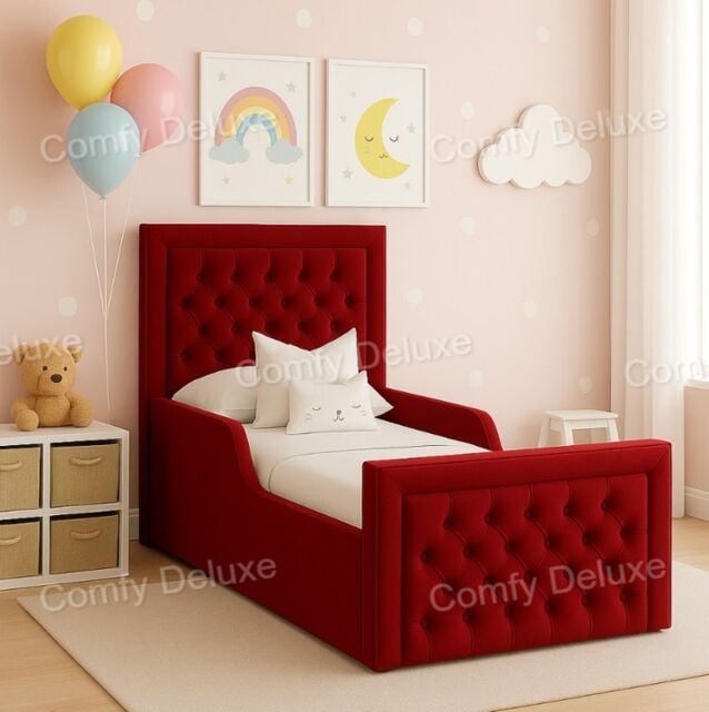 Maroon Children's Studded Plush 4ft Small Double Bed Frame