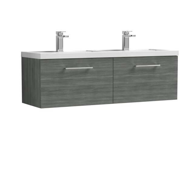 Balterley Level Wall Hung 2 Drawer Vanity Unit & Double Basin for Modern Bathroom Storage Grey Anthracite Woodgrain