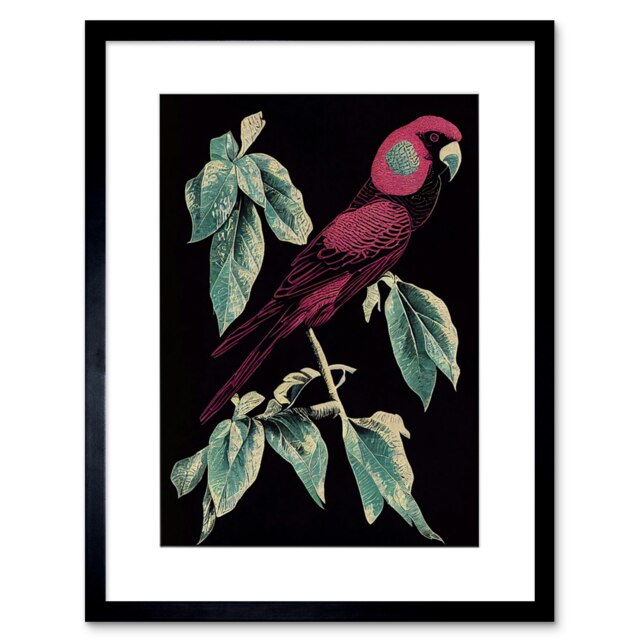 "Burgundy Parakeet Retro Modern Vintage Tropical Jungle 9x7"" Black Framed Wall Art Print"