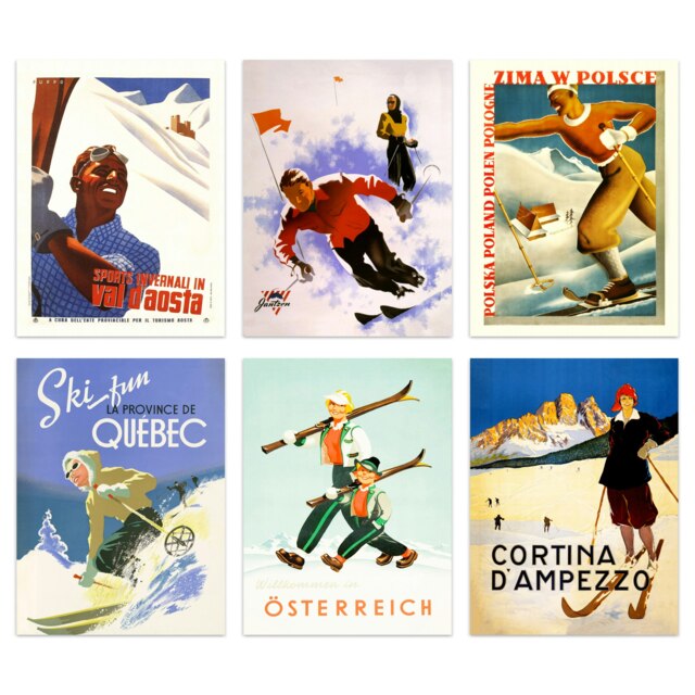 Pack of 6 Vintage Ski Adverts Winter Sport Skiing Austria Italy Poland Canada Wall Art Prints 12X16 Inch