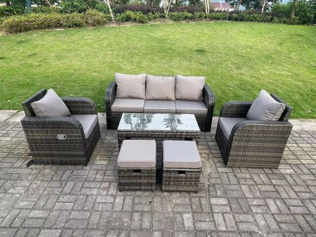 Fimous 7 Seat PE Rattan Garden Furniture Set Adjustable Chair Lounge Sofa Set Oblong Coffee Table Stools Dark Grey Mixed