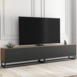 TV Stand TV Unit Modular Media Cabinet Storage Cabinet Oak Black Doors Metal Frame 200cm