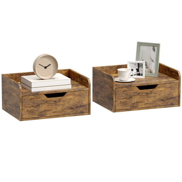 HOMCOM Floating Nightstands Set of 2, Nightstand with Drawer Brown Natural wood 40W x 30D x 19.5H cm