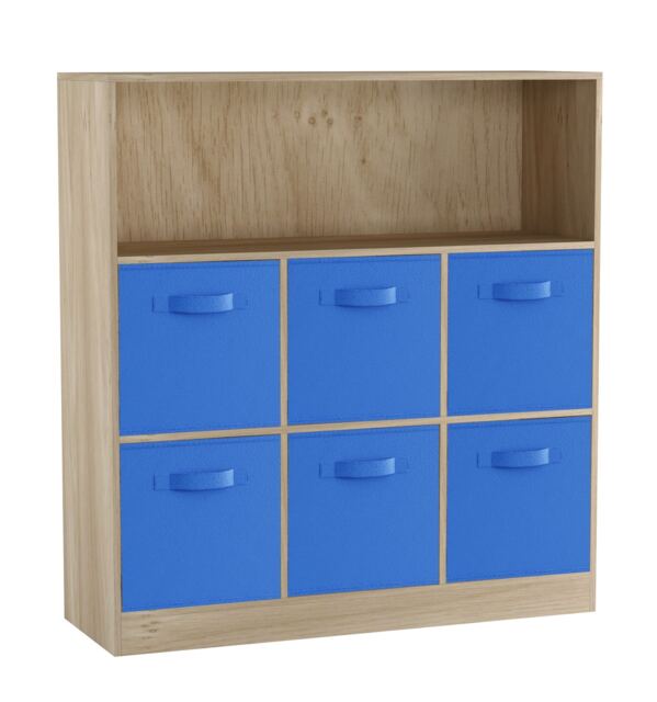 Wide 7-Cube Bookcase With Drawers Brown Oak & Dark Blue 1