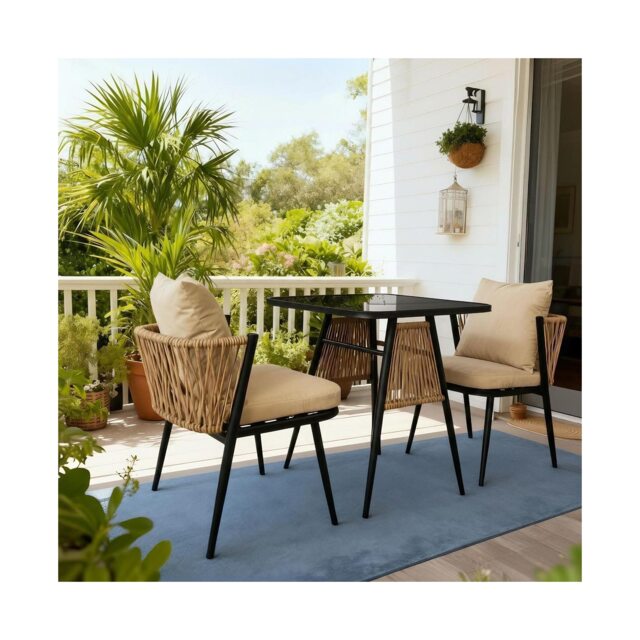 Valena Patio Garden Bistro Set 3 Piece Rattan Outdoor Furniture Table & Chairs