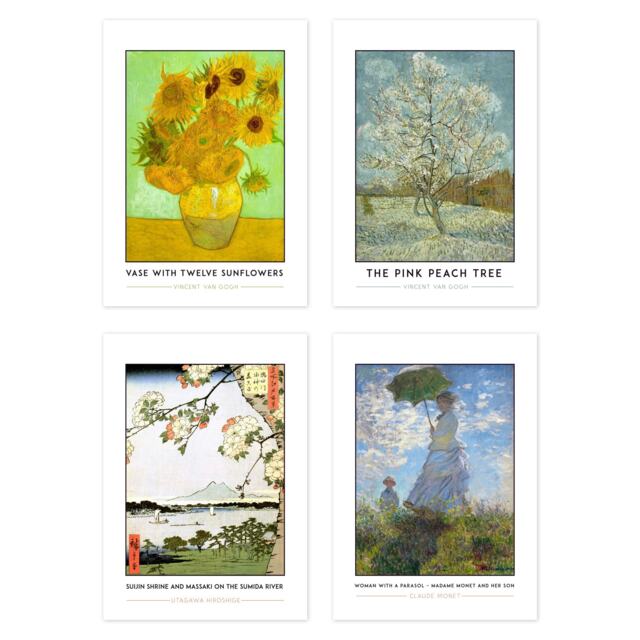 Set of 4 Van Gogh Sunflowers Utagawa Suijin Shrine Monet Woman Parasol Wall Art Print A4
