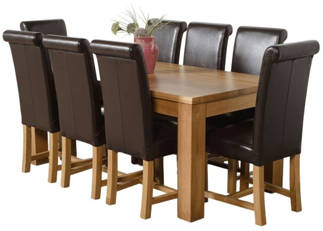 Dakota 182 x 92cm Oak Large Dining Table and 8 Washington Leather Chairs Brown Brown