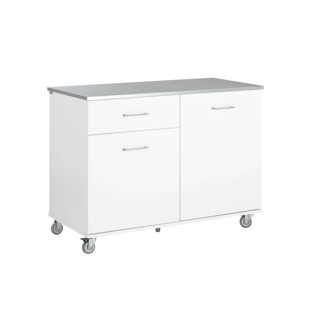 SoBuy Rolling Kitchen Storage Trolley with Stainless Steel Worktop, White, 47.2x22.0x35.4 inches, 58.8 kg - FKW117-W