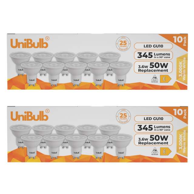UniBulb LED GU10 345lm 3.6W (Replaces 50W) 3000K (Warm White) Spotlight Downlight Light Bulb - Pack of 20