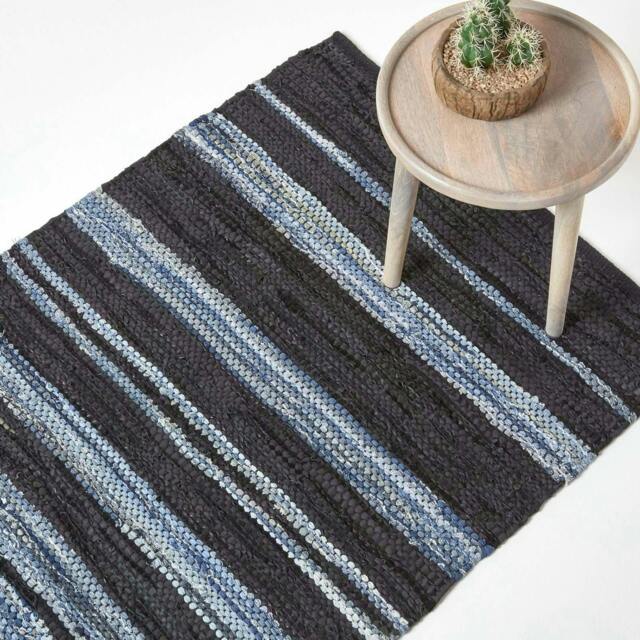 Homescapes Texas Leather & Denim Woven Striped Blue Rug - 120 x 170 cm Blue Blue