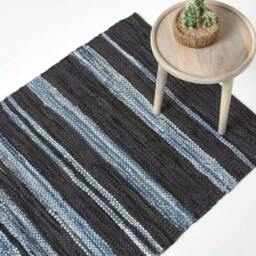 Homescapes Texas Leather & Denim Woven Striped Blue Rug - 120 x 170 cm Blue Blue