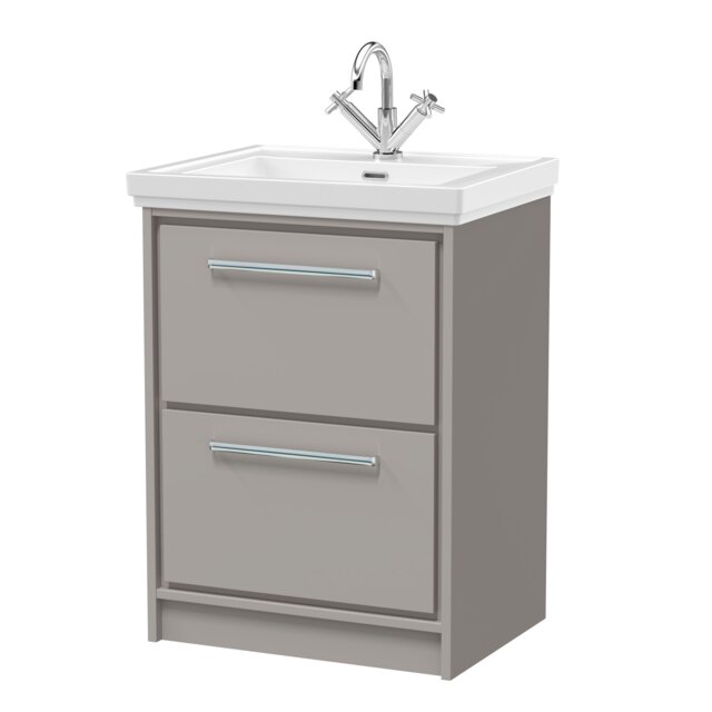 Balterley Modern Bathroom Floor Standing 2-Drawer Vanity Unit with Fireclay Basin - 1 Tap Hole Grey Pebble Grey 1