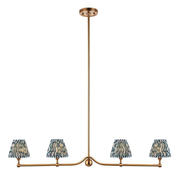 Santiago Brushed Aged Brass Plate Pendant Light with Marlin Blue Fabric Ripple Shade 16cm 4x B22