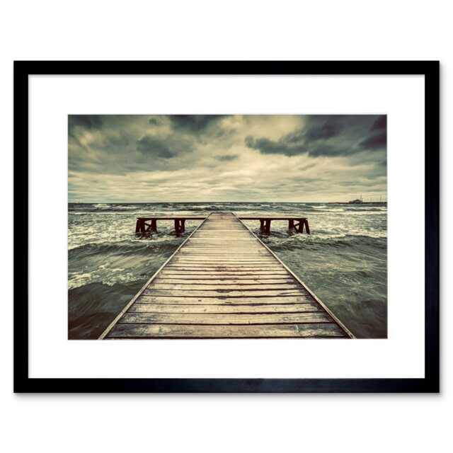 "Pier Storm Clouds Dramatic Sky Sea Seascape Photography 9x7"" Black Framed Wall Art Print"