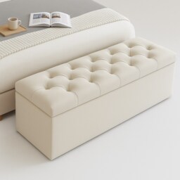 137cm Chesterfield Ottoman Storage Box, Cream Plush Velvet Upholstered Blanket Box, End of Bed Bench, Deep Storage Chest