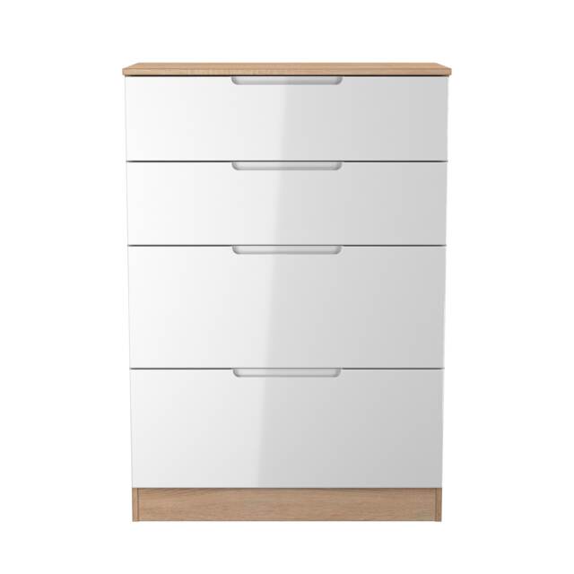 Lucca 4 Drawer Deep Chest of Drawers in White Gloss & Bardolino Oak (Ready Assembled) White White Gloss & Bardolino Oak