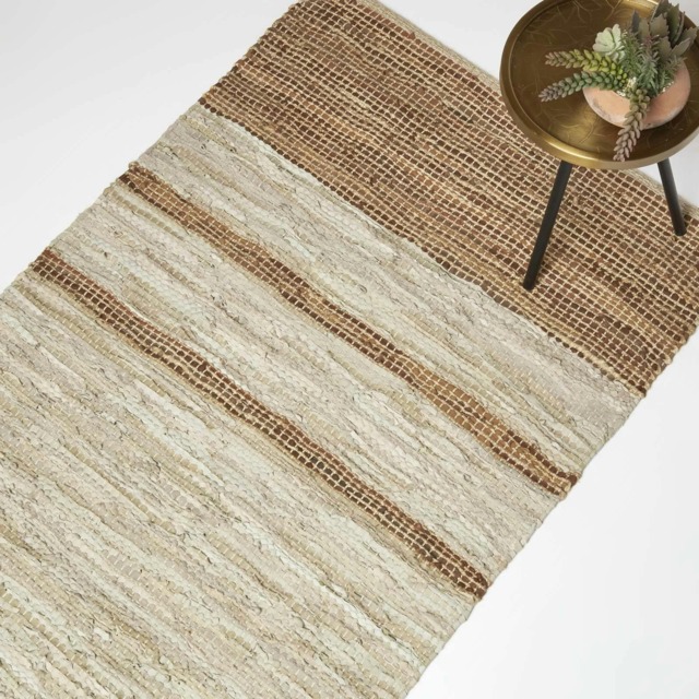 Homescapes Recycled Leather Handwoven Stripe Rug Brown Brown