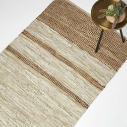Homescapes Recycled Leather Handwoven Stripe Rug Brown Brown