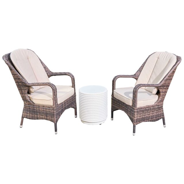 Direct Wicker 2-Piece Outdoor PE Rattan Dining Chairs Paired with a White Terrafab Composite Coffee Table Brown