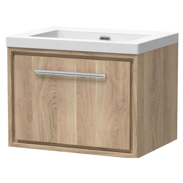Balterley Longnor 1 Drawer Wall Hung Vanity Unit with 1 Tap Hole Modern Fireclay Basin, Light Oak, 600mm