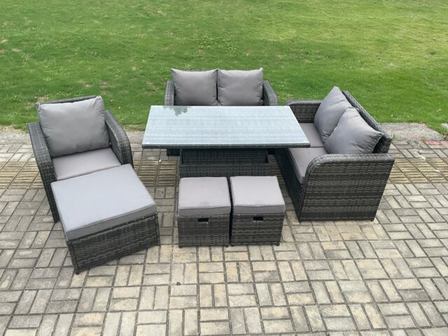 Fimous Rattan Furniture Garden Dining Set Outdoor Height Adjustable Rising lifting Table Love Sofa Chair With 3 Footstools