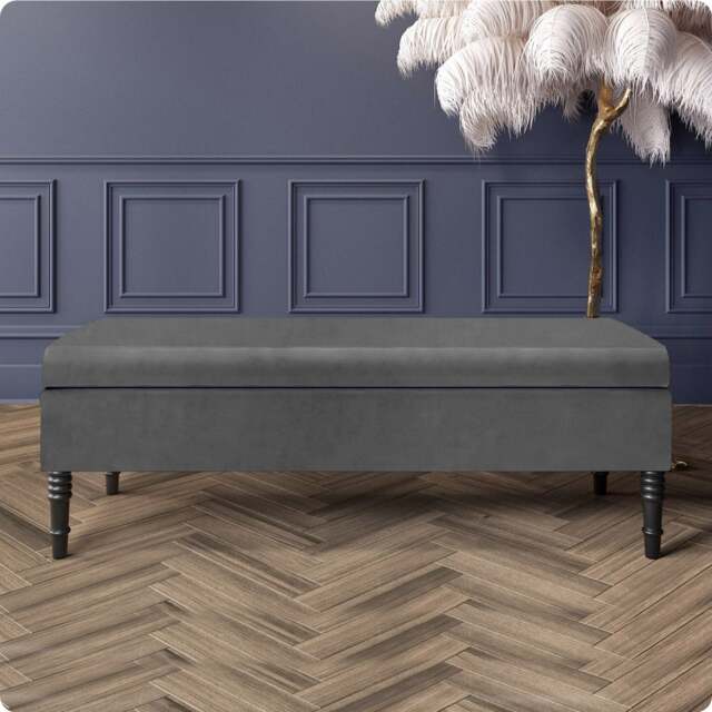 Safar Plain 180cm Ottoman Storage Bench - Plush Velvet Shoe Bench - Grey Upholstery Footstool with Storage