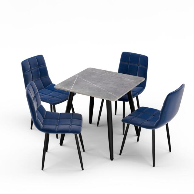 5-Piece Dining Set - 80cm Square Sintered Stone Table and 4 Velvet Chairs with Metal Legs Grey Grey & Blue 1