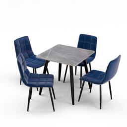 5-Piece Dining Set - 80cm Square Sintered Stone Table and 4 Velvet Chairs with Metal Legs Grey Grey & Blue 1
